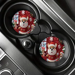 Christmas car cup coaster, cute cartoon bear silicone anti-slip mat for auto interior detail.
