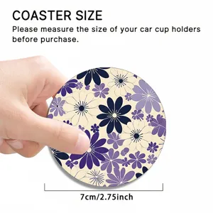 Car cup holder coaster with blue purple floral design, absorbent drink coaster, 7cm diam.
