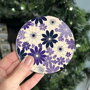 Floral print absorbent car coaster, round cup holder insert pad for auto accessories, cute flower.