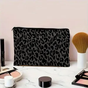 Stylish grey leopard print makeup bag for women, portable cosmetic pouch and daily pencil case.