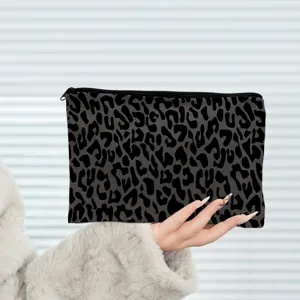 Leopard Floral Print Canvas Cosmetic Bag Portable Travel Makeup Organizer Pouch Clutch Pencil Case For Women