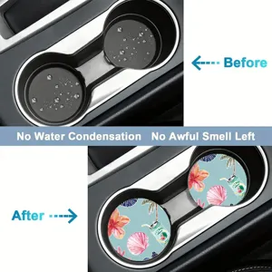 Silicone car cup holder coasters with watercolor floral and drink pattern, absorbent and non-slip.