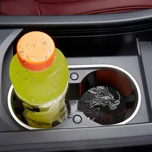 Car anti-slip cup coaster detail view, acrylic material, cool dragon pattern, auto interior decor.