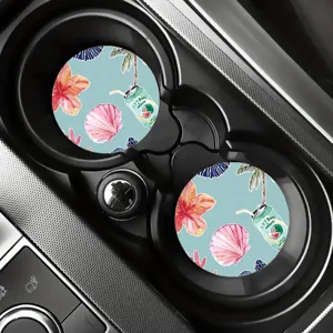 Non-slip silicone car cup coasters with watercolor tropical floral and seashell patterns.