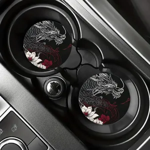 Detailed view of black and white dragon car cup holder coasters, anti-slip acrylic automotive mats.