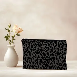 Grey leopard print cosmetic pouch cotton zipper makeup bag aesthetic pencil case detail view