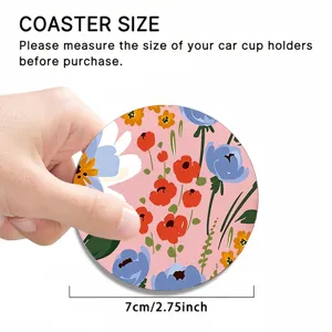 Round car cup coaster with floral pattern, non-slip thermal mat for auto interior decor.