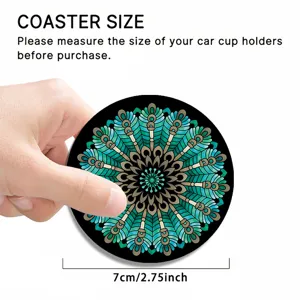 Detailed view of a 7cm mandala car coaster, showing size specs and vibrant turquoise pattern.