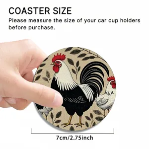 Car cup coaster detail view showing the retro rooster pattern and 7cm compact size clearly.