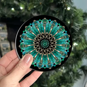 Mandala pattern car coaster detail shot, absorbent ceramic cup mat for vehicle and office use.