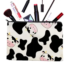 Süßer Cartoon-Kuhdruck-Leinen-Make-up-Beutel, tragbare Reise-Reißverschluss-Kosmetiktasche.