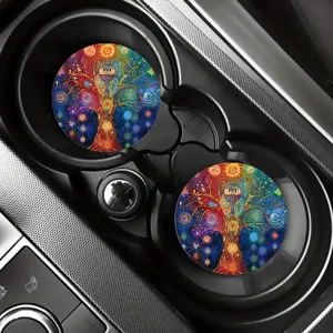 Detailed view of colorful tree owl print silicone car cup coasters set, anti-slip design.