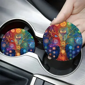 Round Silicone Car Coaster Non-slip Cup Mat For Car Cup Holder Halloween Party Decor Owl Cat Floral Wine Pattern Coaster
