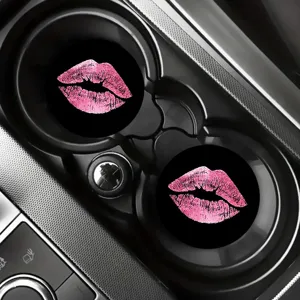 Universal car cup coasters with stylish pink lips design, anti-slip auto accessories interior.
