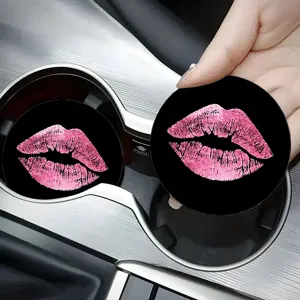 Car cup coaster with pink lips pattern, absorbent non-slip drink coaster for auto interior