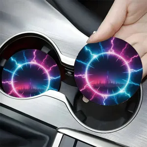 Sous-verre de voiture à motif de ville néon cyberpunk, tapis antidérapant rond pour auto.