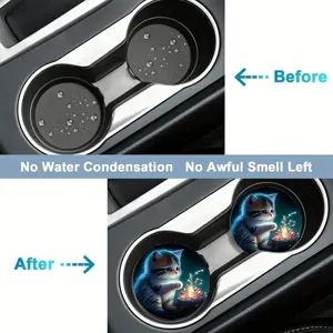 Car cup holder coasters silicone anti-slip insert mats cute cat design set of two