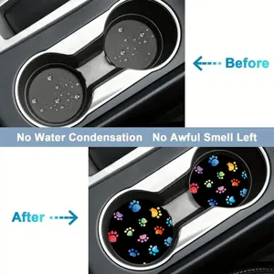 Universal car cup coasters with colorful paw print design, anti-slip and easy to clean for auto use.
