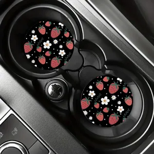 Sous-verre de porte-gobelet de voiture motif fraise noir, accessoire absorbant auto.