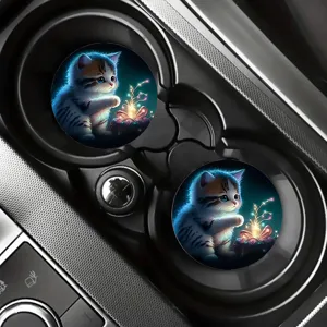 Cute glowing kitten car cup coasters, silicone round non-slip drink coasters for auto.