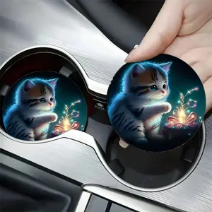 Round silicone car coaster featuring a cute glowing kitten design for cup holder use.