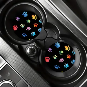 Colorful paw print car coasters, absorbent cup holder inserts, non-slip auto interior accessories.