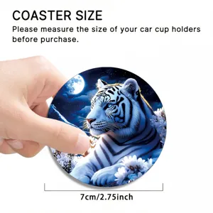 Car coaster detail showing white tiger pattern and 7cm diameter size measurement display.