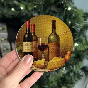 Round vintage still life wine and cheese coaster for coffee cups and home table decoration.