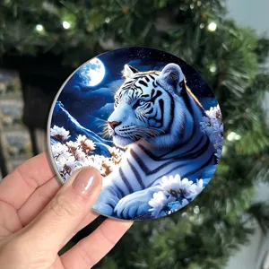 White tiger car coaster, absorbent ceramic cup holder insert, night moon design, 1 pc