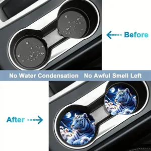 Universal car cup holder coasters with white tiger print, absorbent and anti-slip auto accessories