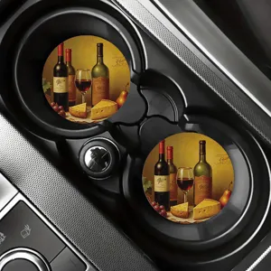 Round silicone car coasters with vintage wine still life print anti-slip cup holder mat