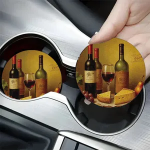 Vintage wine pattern car coaster, non-slip silicone cup mat for auto interior decor