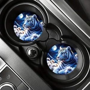 Universal car cup coasters with stunning white tiger design for automotive cup holders detail view