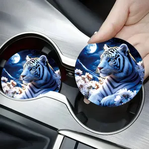 Universal Silicone Car Coaster Round Anti-Slip Cup Holder Mat Automotive Interior Accessory Women Men White Tiger Mandala Pattern