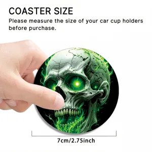 Car coaster detail view, green glowing skull pattern, anti-slip material, 7cm diameter size.