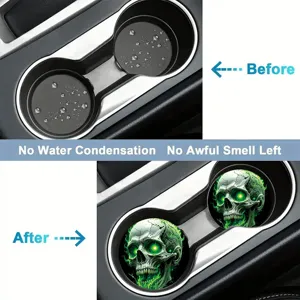 Universal car cup holder coasters with cool green skull design, anti-slip and easy to clean.