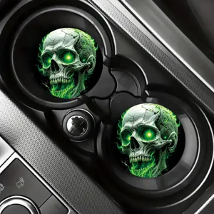 Universal car cup coasters with glowing green skull design, non-slip rubber auto accessories.