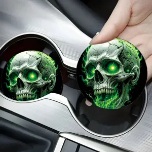 Universal car coaster with green skull pattern, non-slip PVC cup holder insert for auto interior.