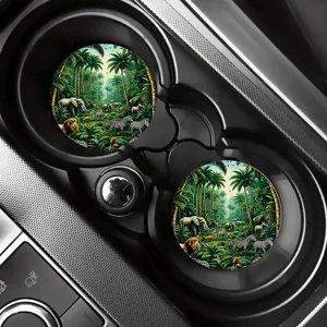 Detailansicht von Auto-Getränkehaltern mit einem lebendigen Dschungel-Tier-Muster.