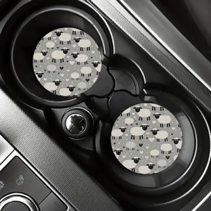 Cute sheep print car coasters set of 2, non-slip silicone auto cup holder inserts for drinks.
