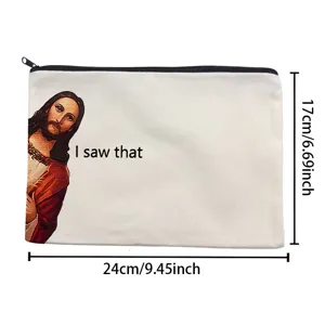 Trousse de maquillage zippée en toile avec imprimé Jésus drôle, pochette de voyage 24x17cm