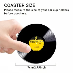 Detail view of a vinyl record design car cup coaster, showing 7cm diameter and clean finish.
