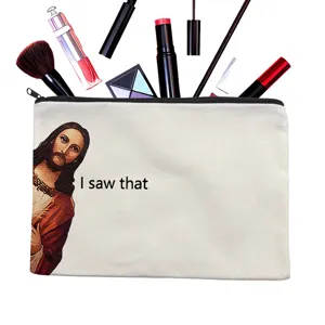 Trousse de maquillage en toile avec impression Jésus rigolote, pochette zippée portable pour voyage.