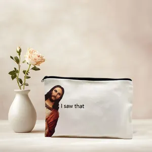 Trousse de maquillage en toile blanche avec impression Jesus drôle, pochette de voyage.