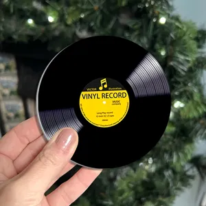 Retro vinyl record printed car anti-dust coaster, classic music style circular cup mat.
