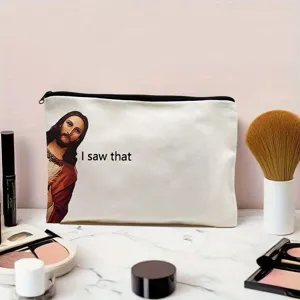 Sac cosmétique en toile portable avec impression drôle de Jésus, grande capacité trousse de maquillage.
