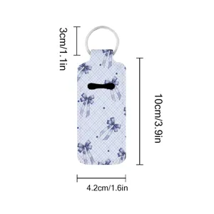 Blue plaid bow print neoprene lipstick holder cover with keychain for daily use details.