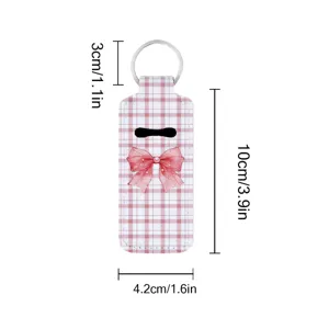 Pink plaid lipstick holder keychain with cute bow, portable neoprene lip balm cover protector.