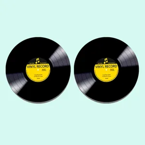 Detailed view of classic black vinyl records illustration with yellow center labels.