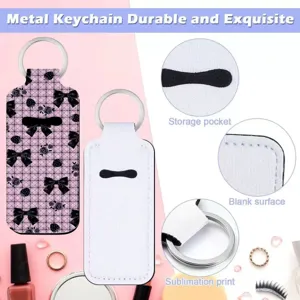 Neoprene lipstick holder keychain detail view showing storage pocket and sublimation print surface.